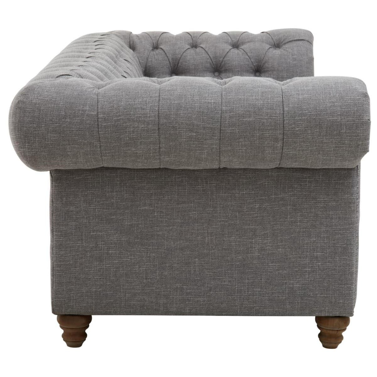 Three-seat sofa upholstered in grey linen with a tufted backrest and rounded armrest, featuring wooden legs for support. The design showcases a modern yet classic aesthetic suitable for various living spaces