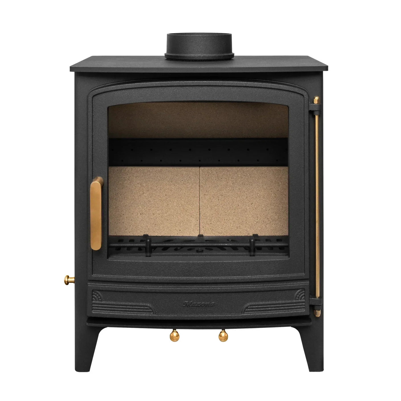 Black cast iron wood burning stove with brass handles and front glass panel