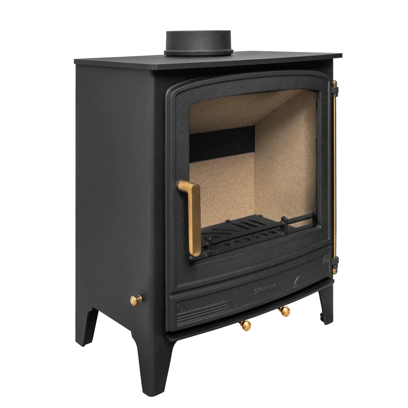 Black cast iron wood burning stove with brass handle and large glass front panel