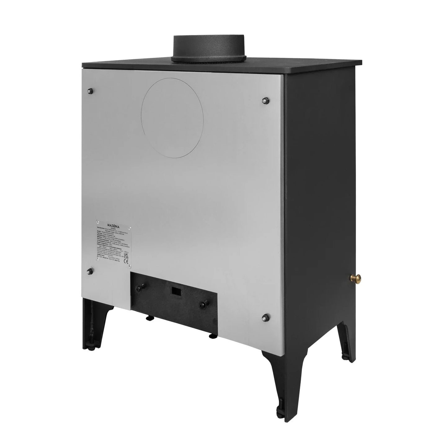 freestanding steel multi-fuel stove rear view with flue outlet and vent features