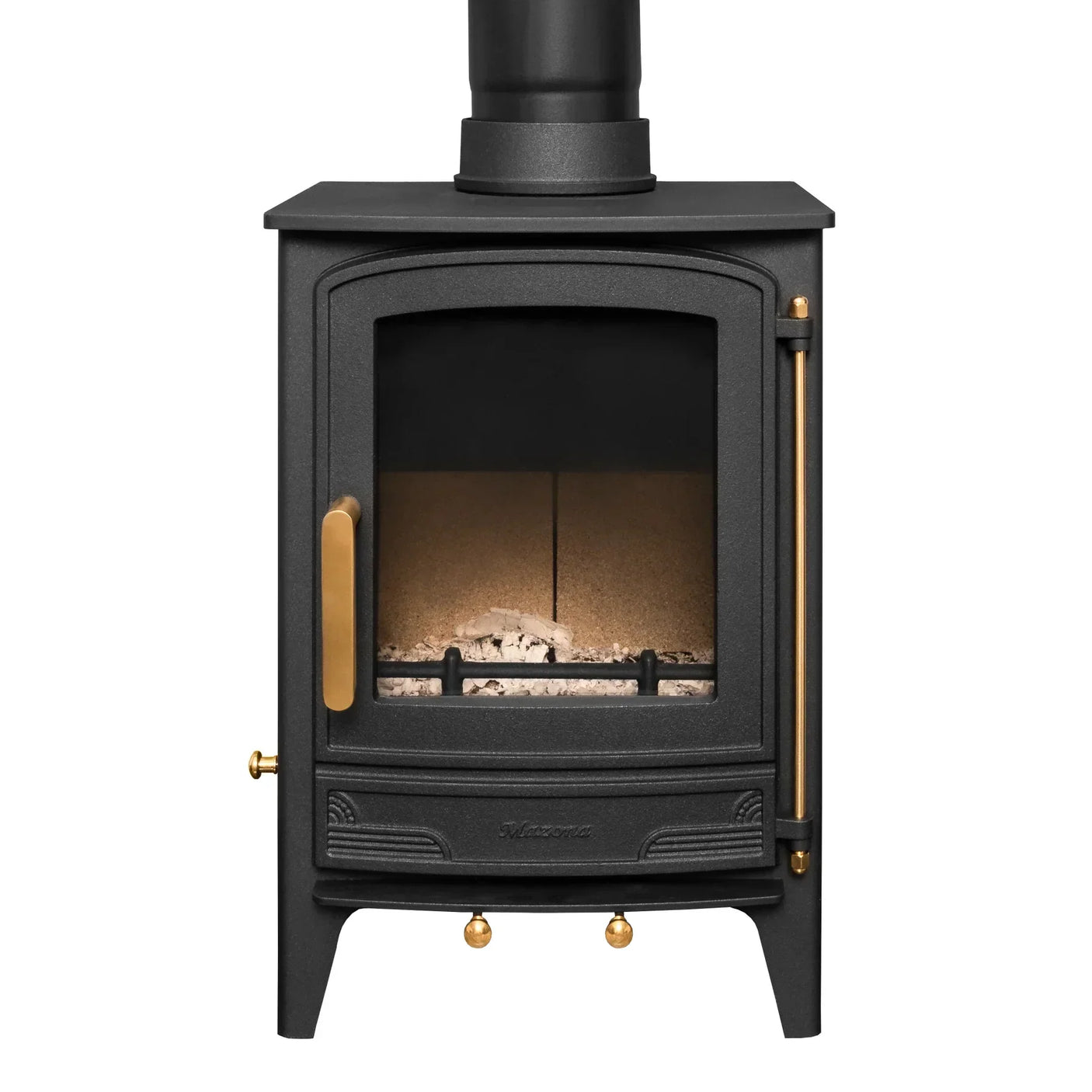 Black cast iron wood burning stove with glass door and gold handles front view