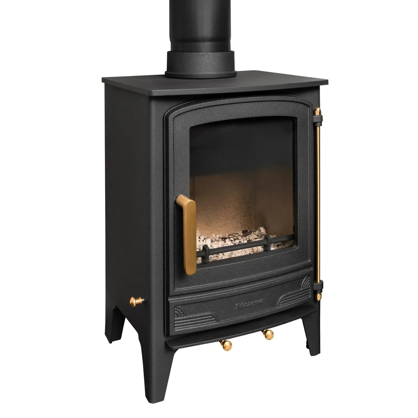 Black wood burning stove with glass door, gold handles, and ash tray, angled front view
