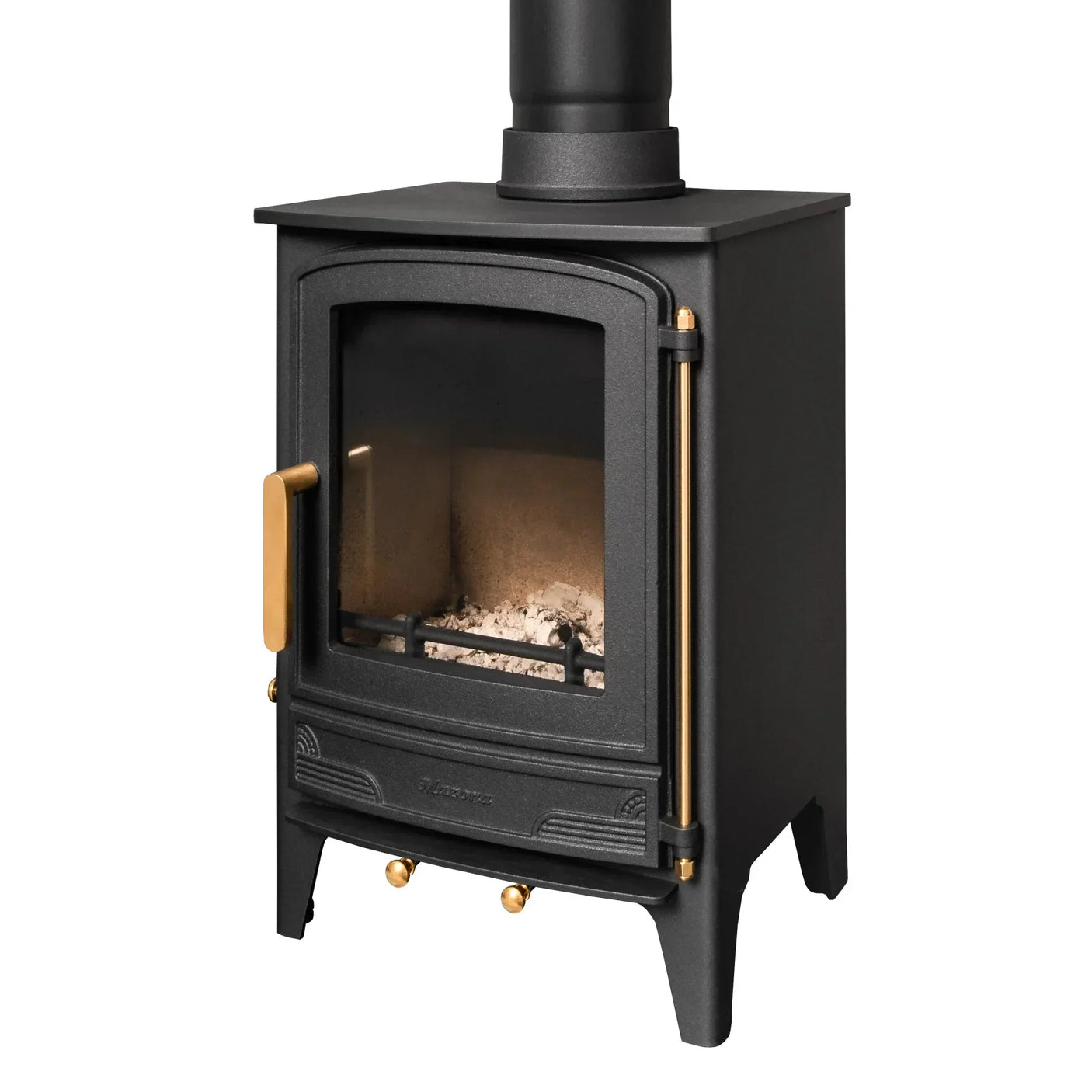 Black cast iron wood burning stove with gold handles and front glass door