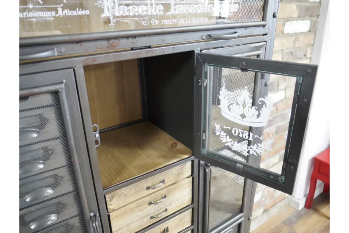 Industrial metal and wood storage cabinet with open glass door and vintage detailing