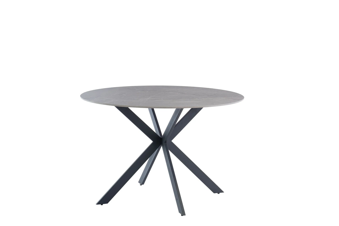 Round dining table with grey stone top and black metal cross legs