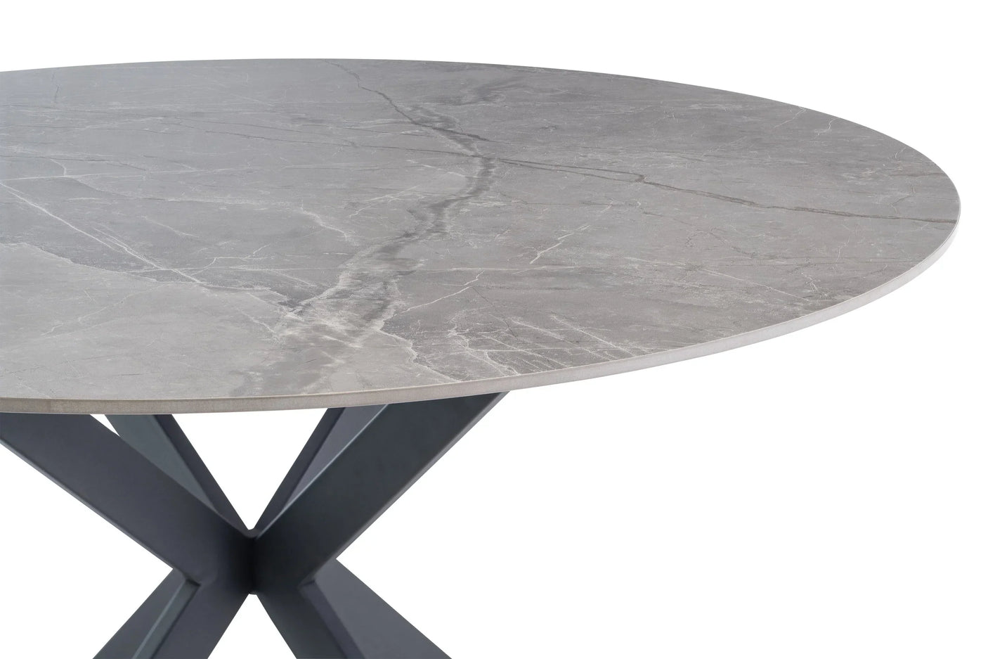 Round grey ceramic dining table top with cross metal base closeup