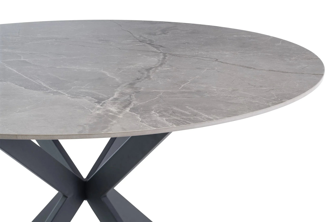 Round grey ceramic dining table top with marble effect and black crossed metal legs
