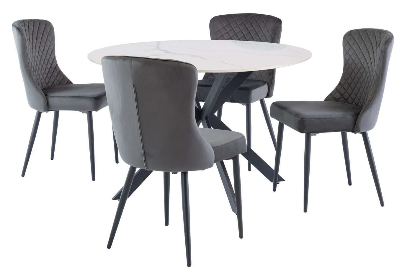 Round marble dining table with black legs and four grey velvet dining chairs