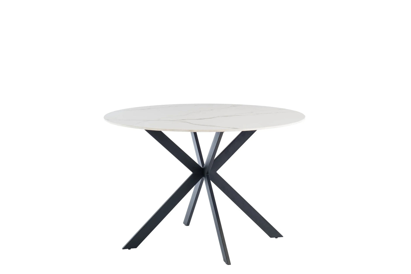 Round dining table with white marble effect top and black crossed metal legs