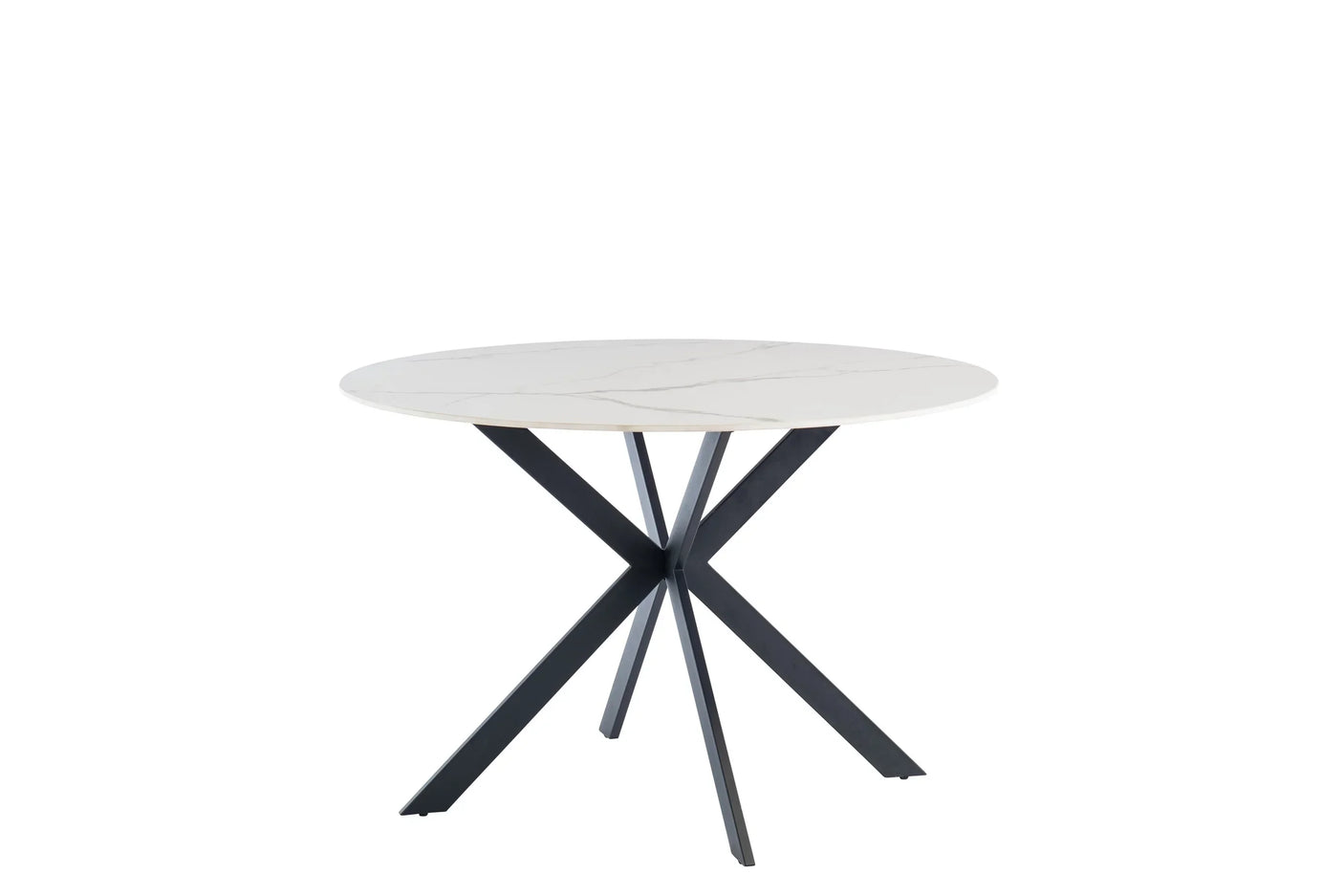 Round dining table with white marble effect top and black metal cross legs
