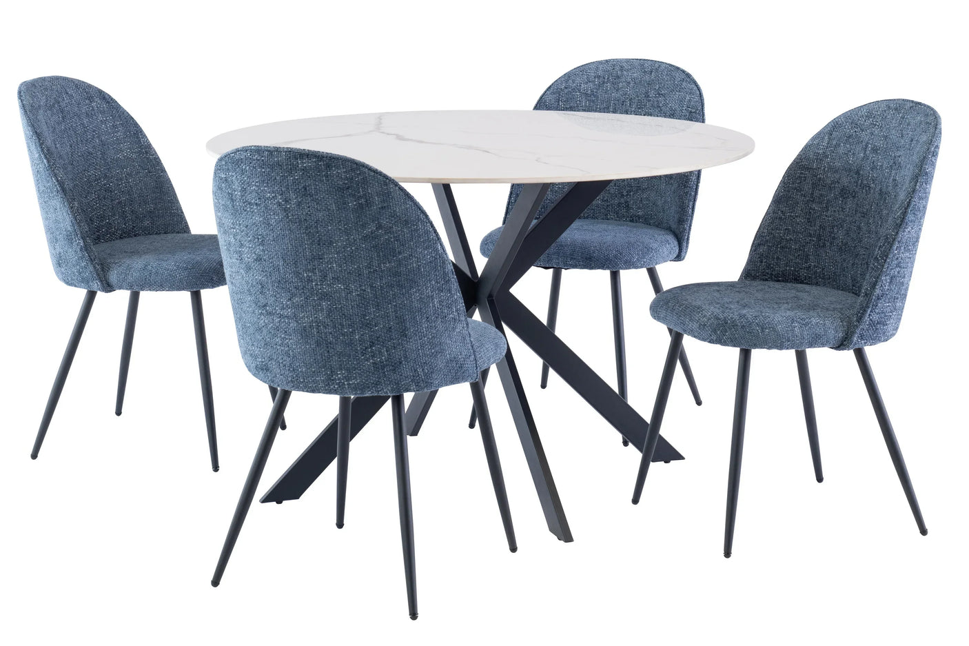 Round dining table with white marble top and four blue upholstered chairs with metal legs