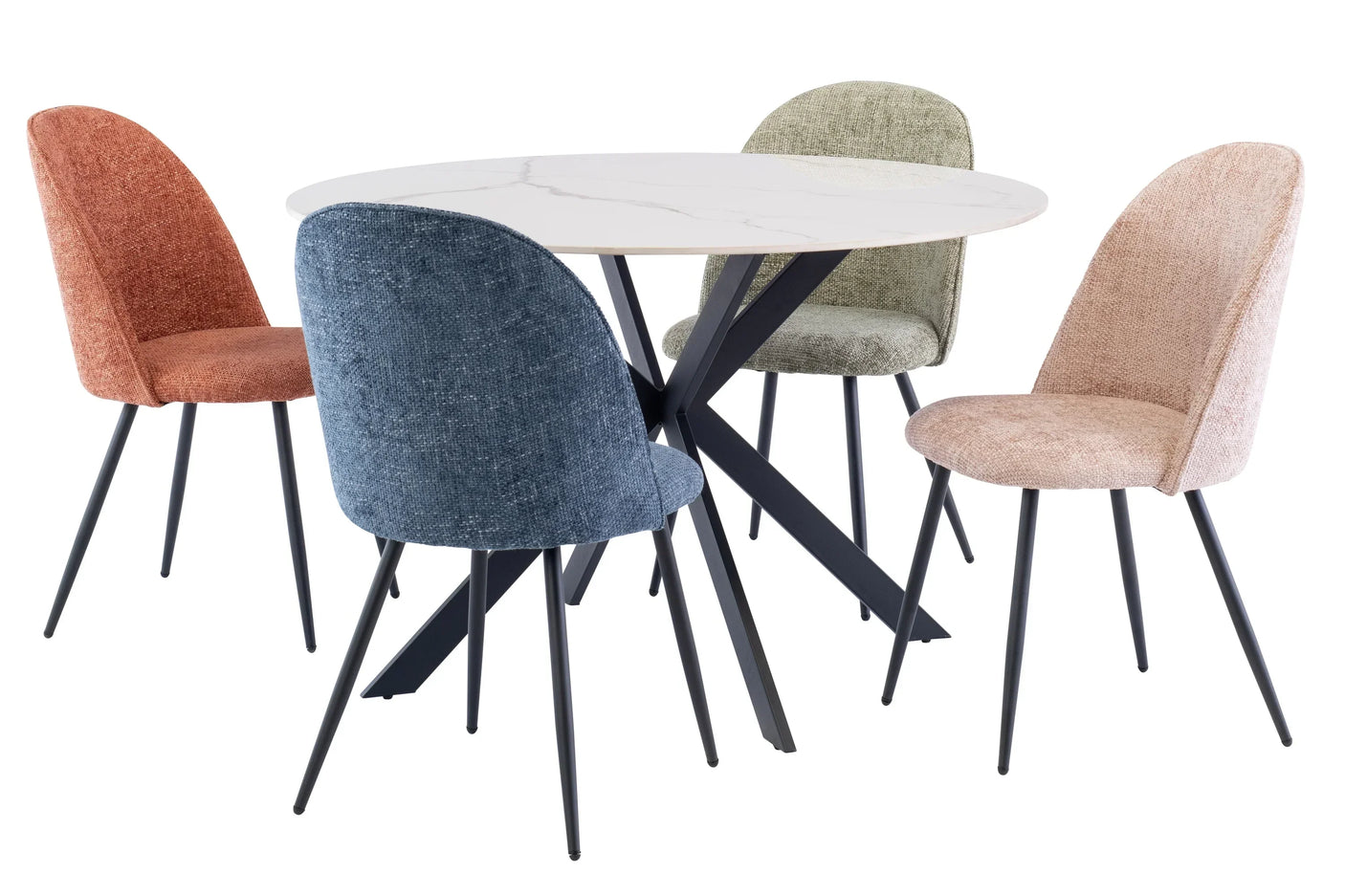Round marble dining table with four mix-colour fabric chairs and black metal legs