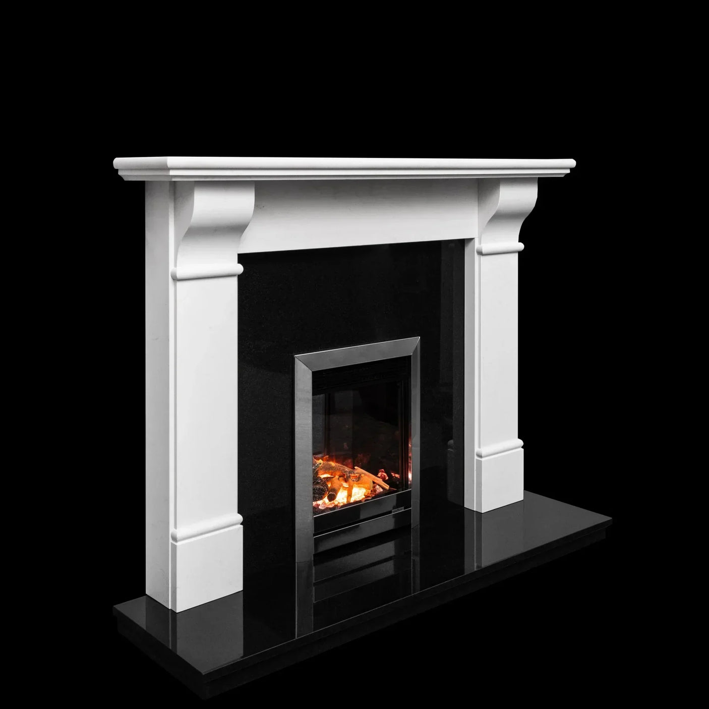 White marble fireplace surround with black hearth and electric fire insert