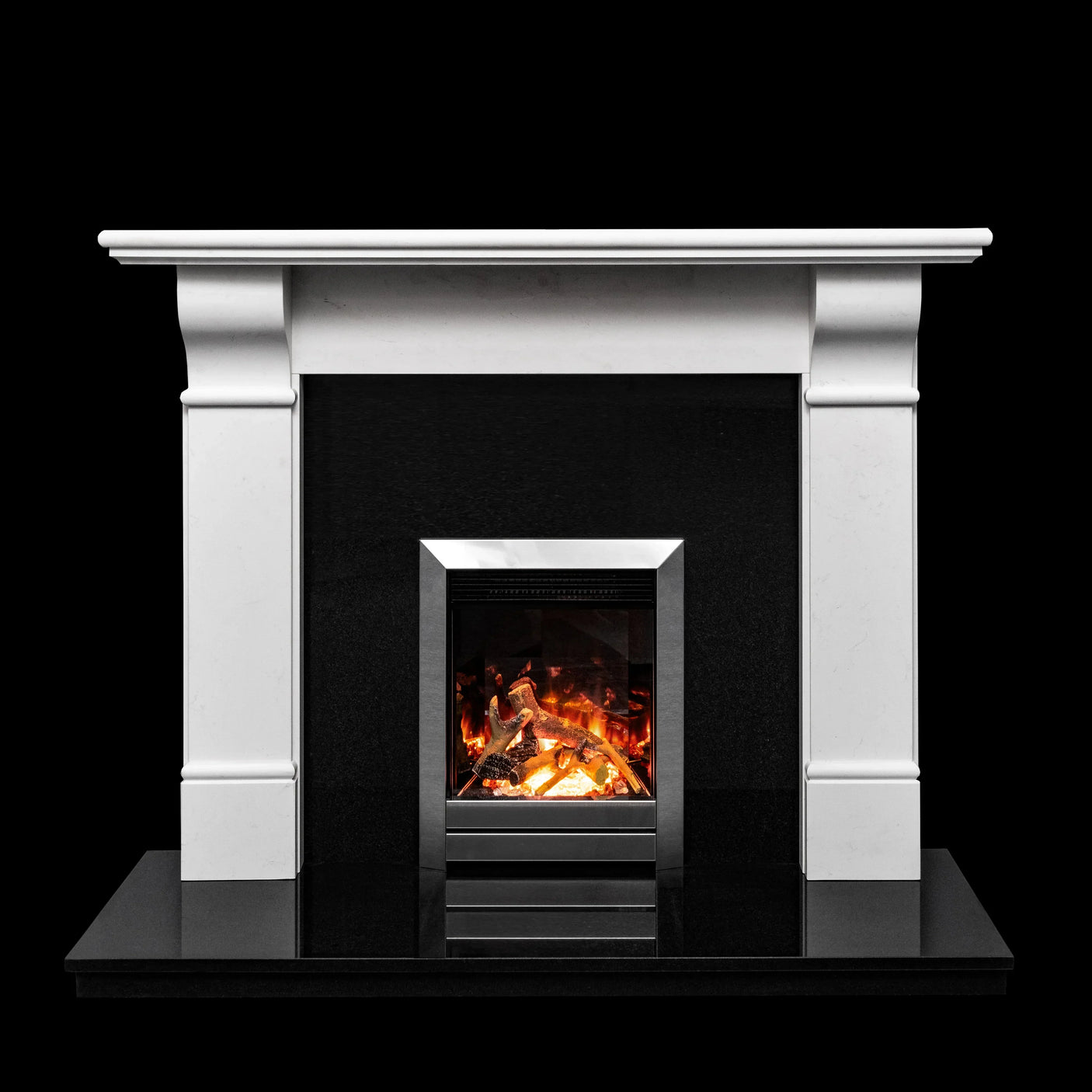White marble fireplace with black hearth and chrome electric fire insert, front view