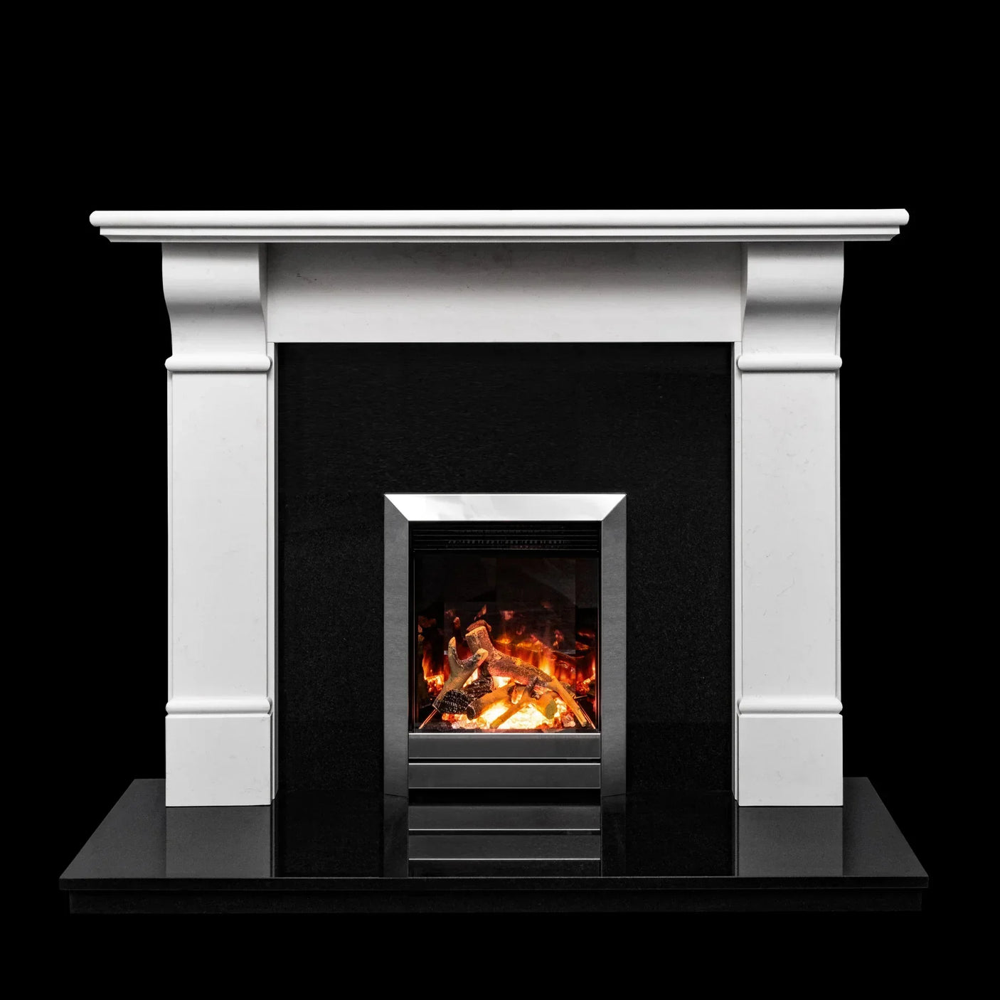 White marble fireplace suite with black hearth and modern electric fire insert
