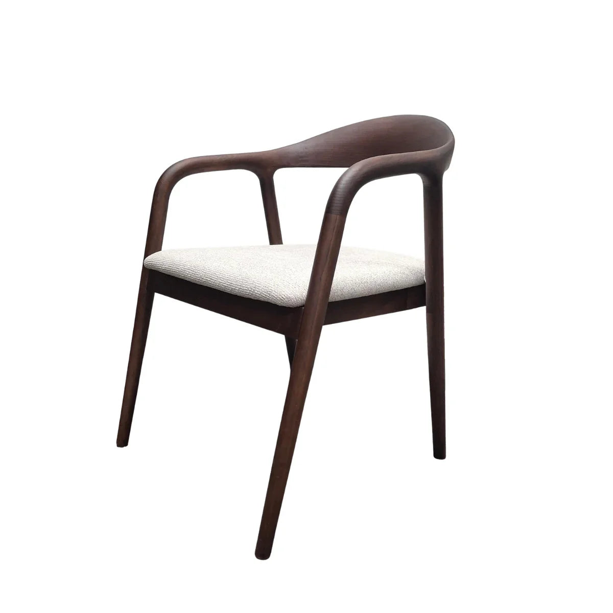 Modern wooden dining chair with curved arms and white upholstered seat on white background