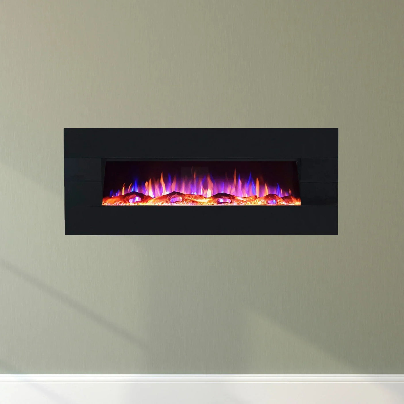 Black electric wall fireplace with colorful flame effect on light grey wall