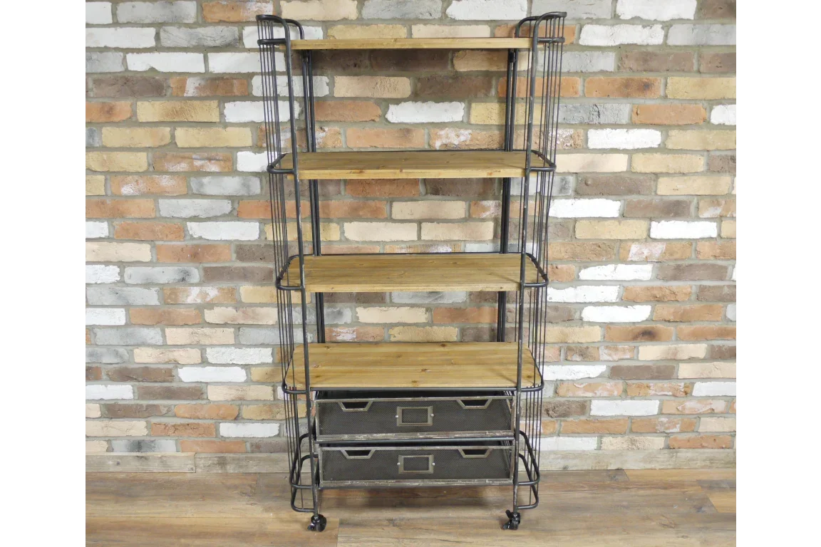 Industrial shelving unit with four wooden shelves and two metal storage drawers on casters
