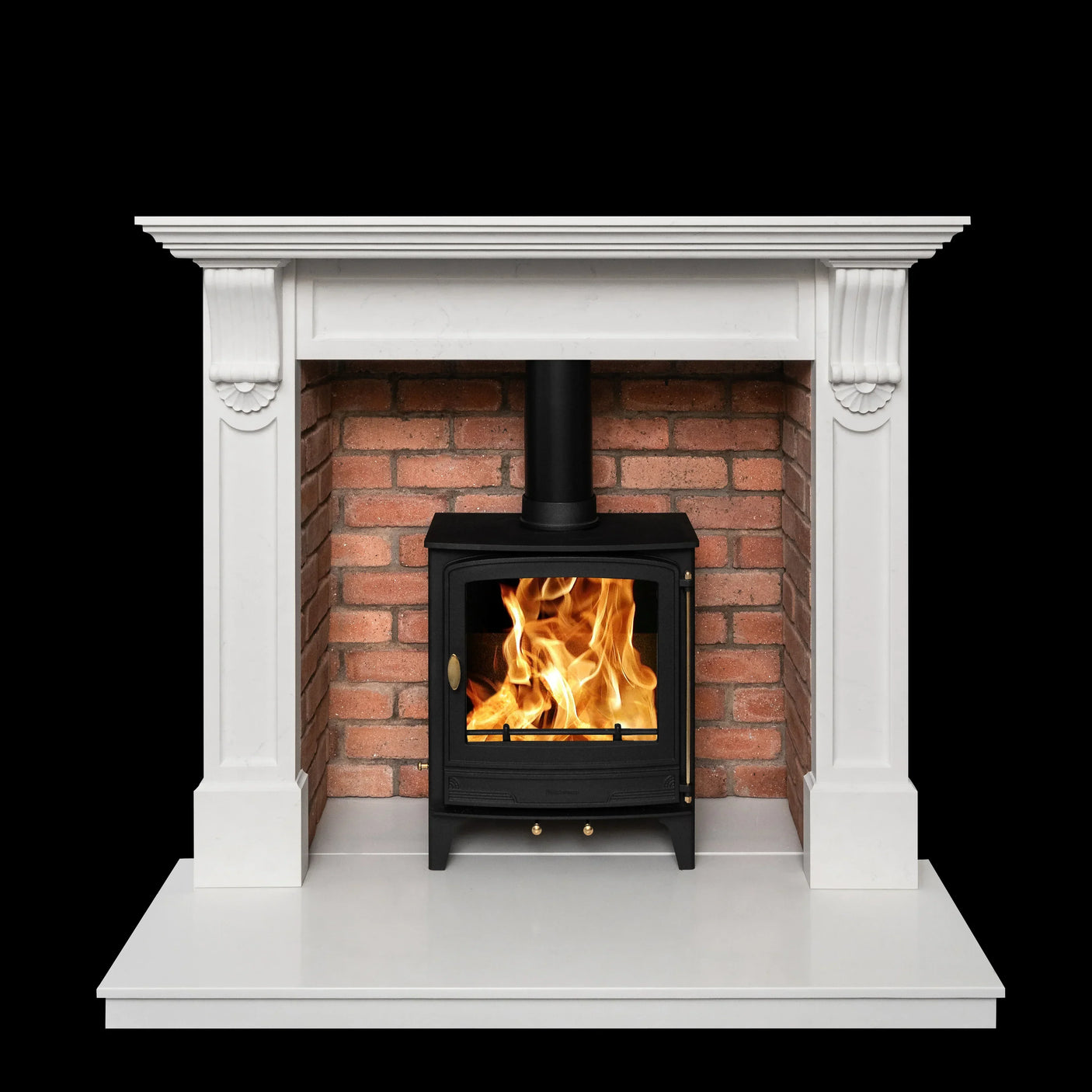 Wood burning stove with flames set in white fireplace surround against brick backdrop