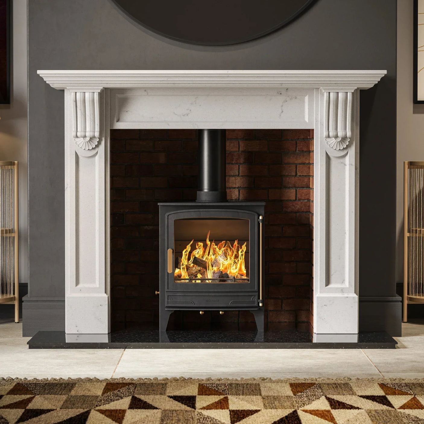 Wood burning stove in black frame set within white marble fireplace surround