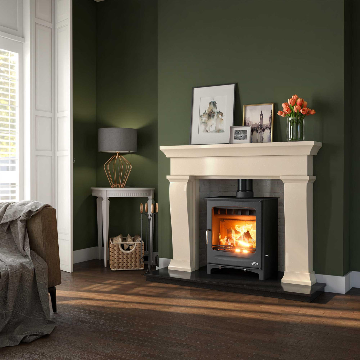 Cream fireplace surround with wood burning stove in modern living room