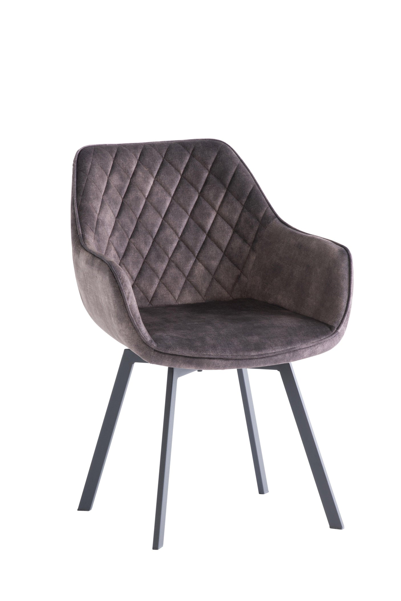 Grey fabric dining chair with quilted backrest and black metal legs, front angle