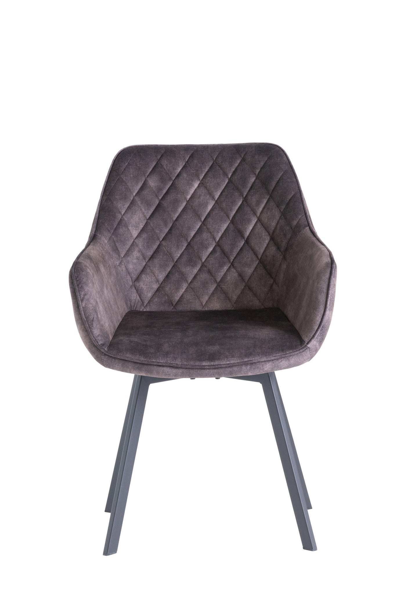 Grey velvet dining chair with quilted backrest and metal legs, front view