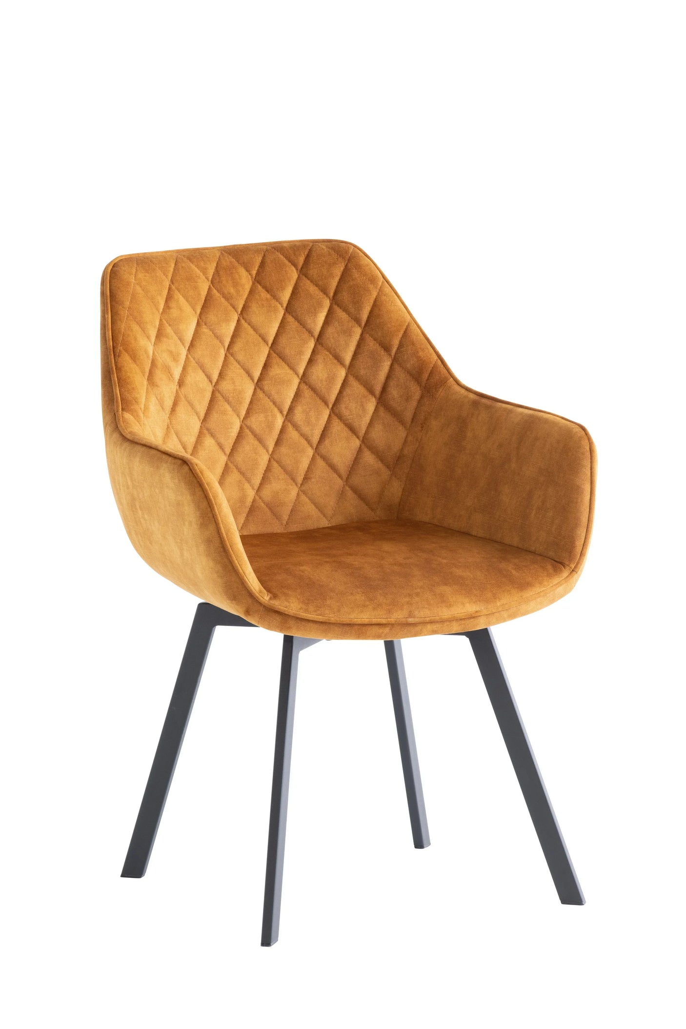 Mustard velvet dining chair with quilted back and black angled metal legs