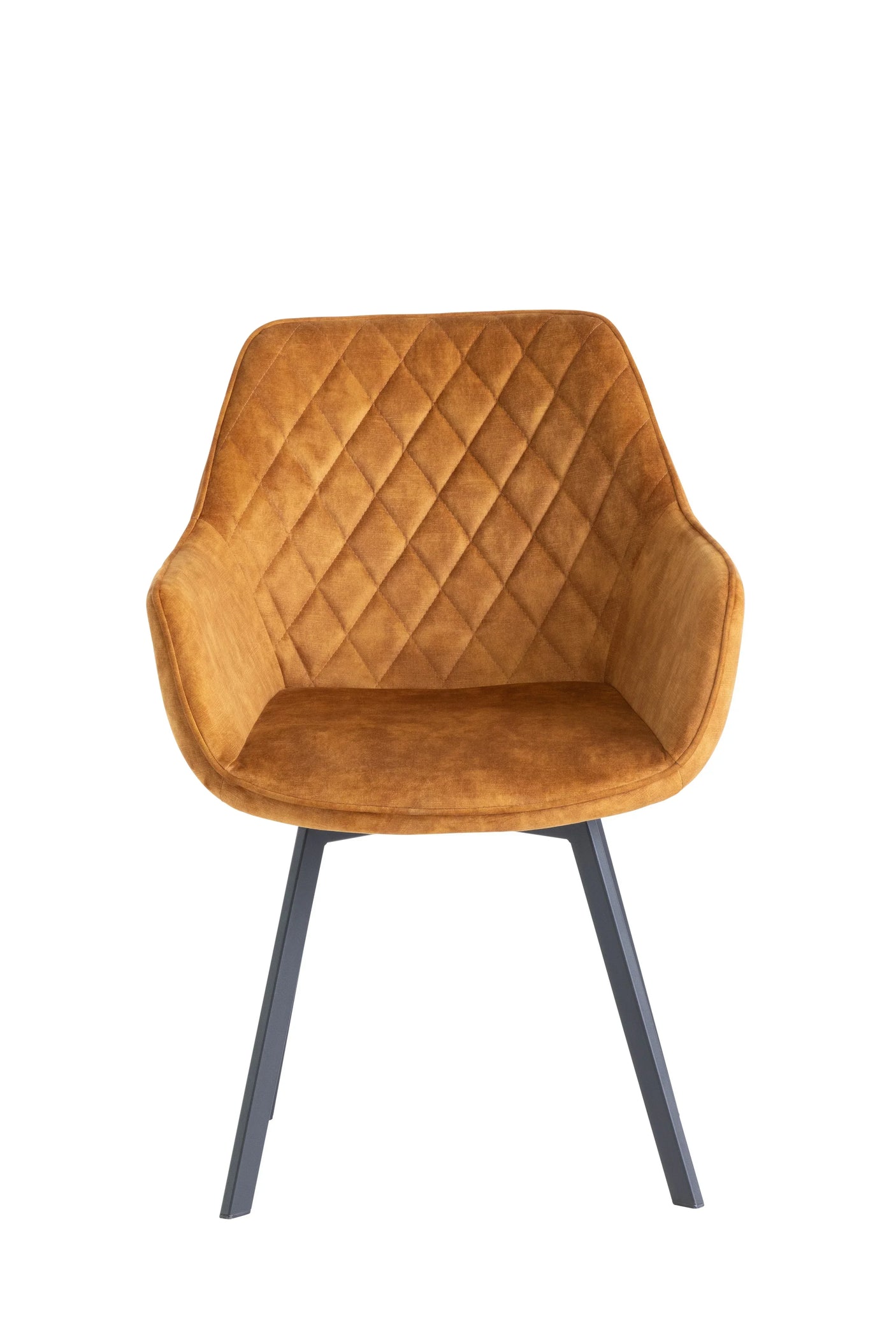 Amber velvet accent chair with diamond quilted backrest and black metal legs, front view