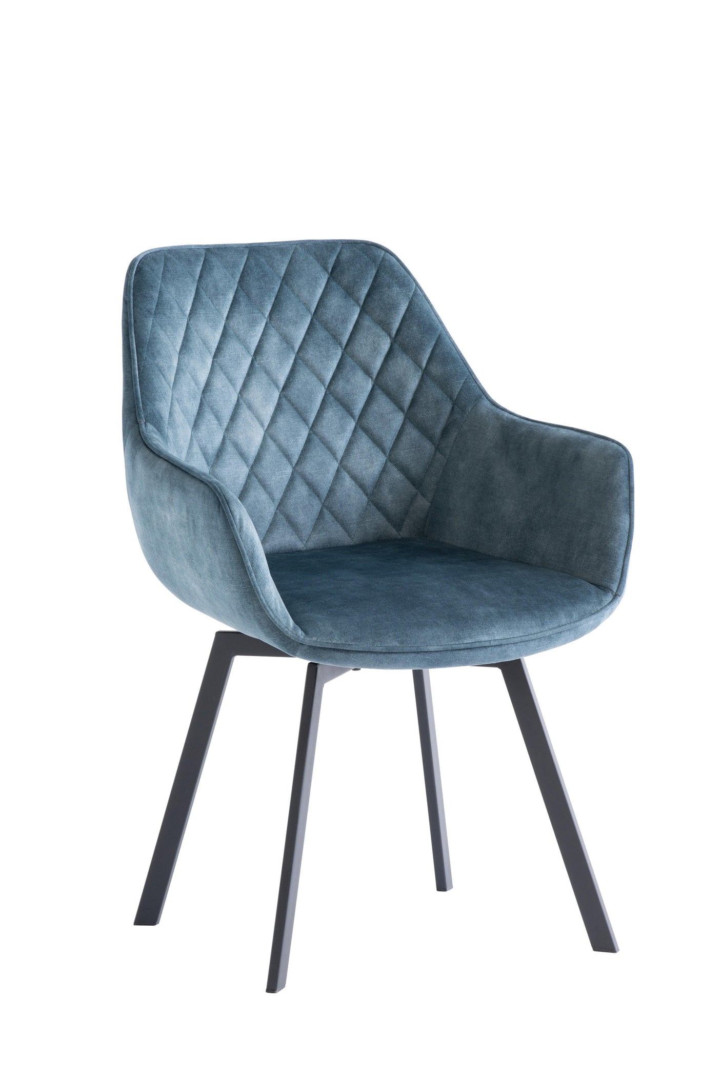 Blue velvet dining chair with diamond quilted back and black metal legs