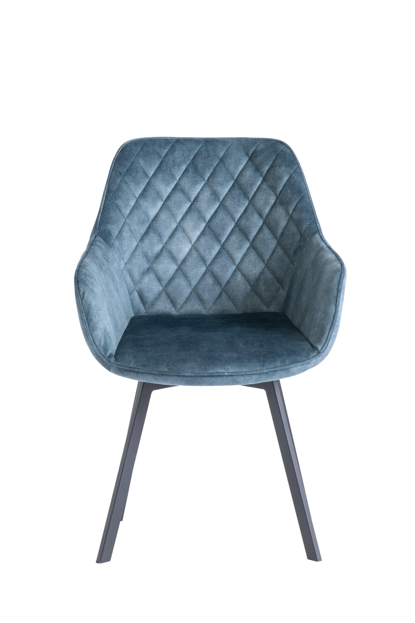 Blue velvet dining chair with diamond quilted backrest and black metal legs, front view