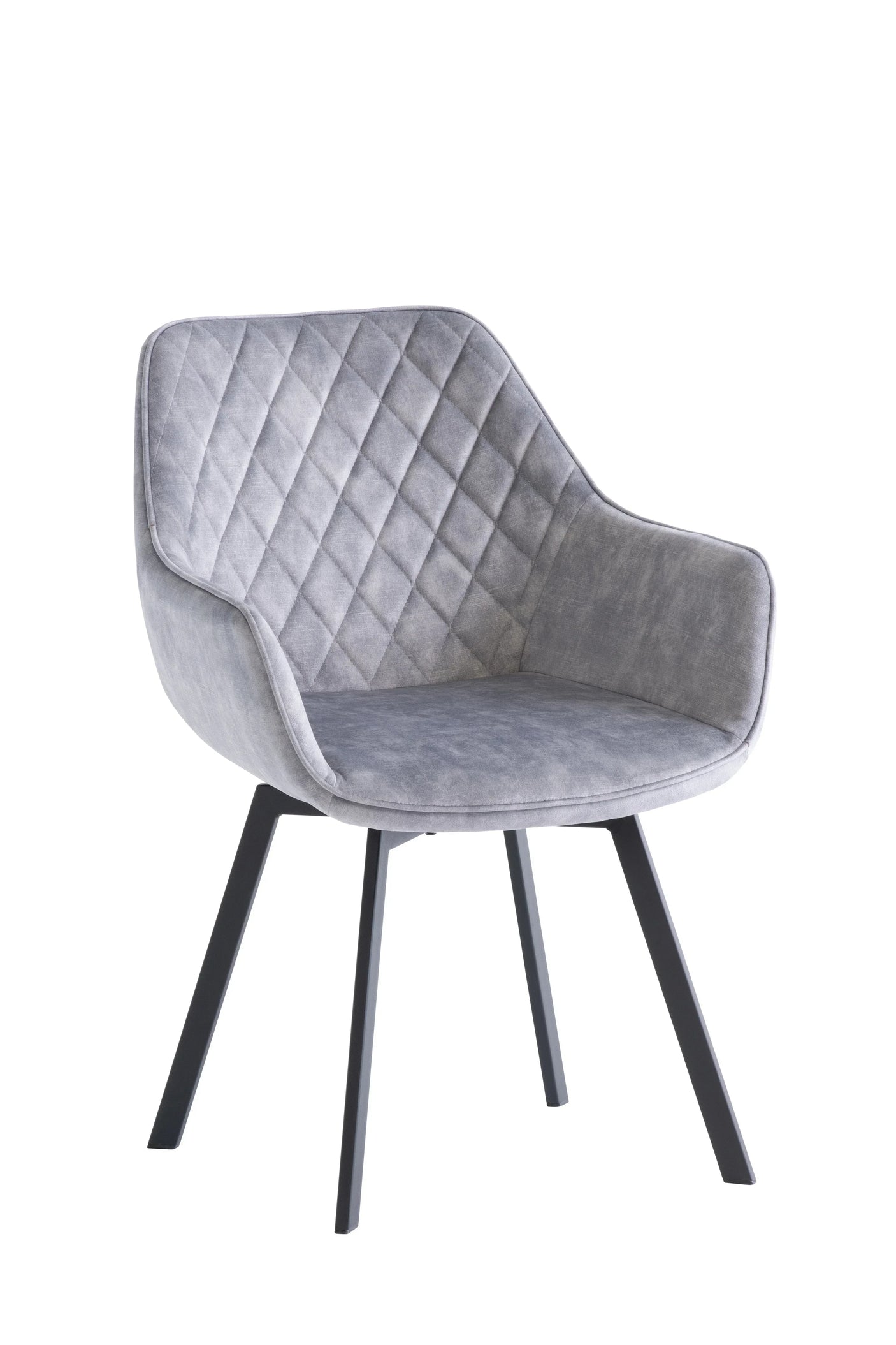 Grey velvet dining chair with quilted backrest and black angled metal legs
