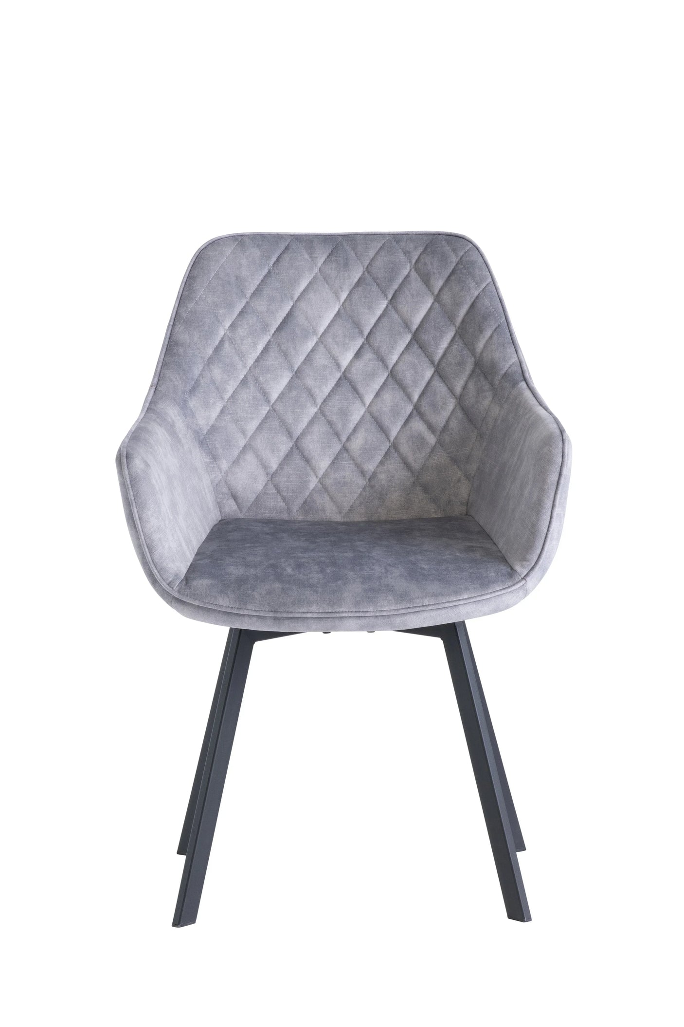 Grey upholstered dining chair with quilted backrest and black metal legs, front view
