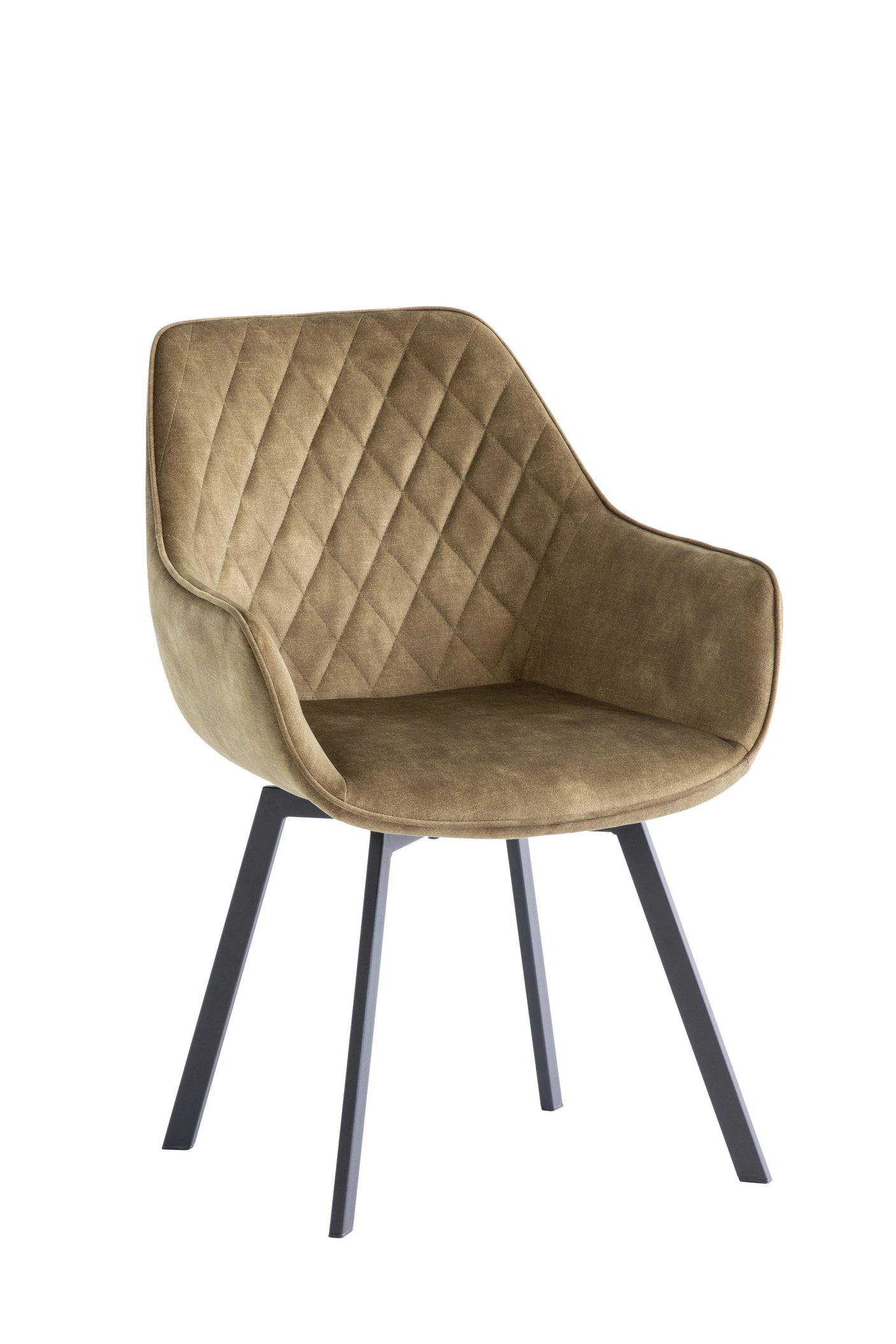 Brown upholstered dining chair with quilted backrest and black metal legs