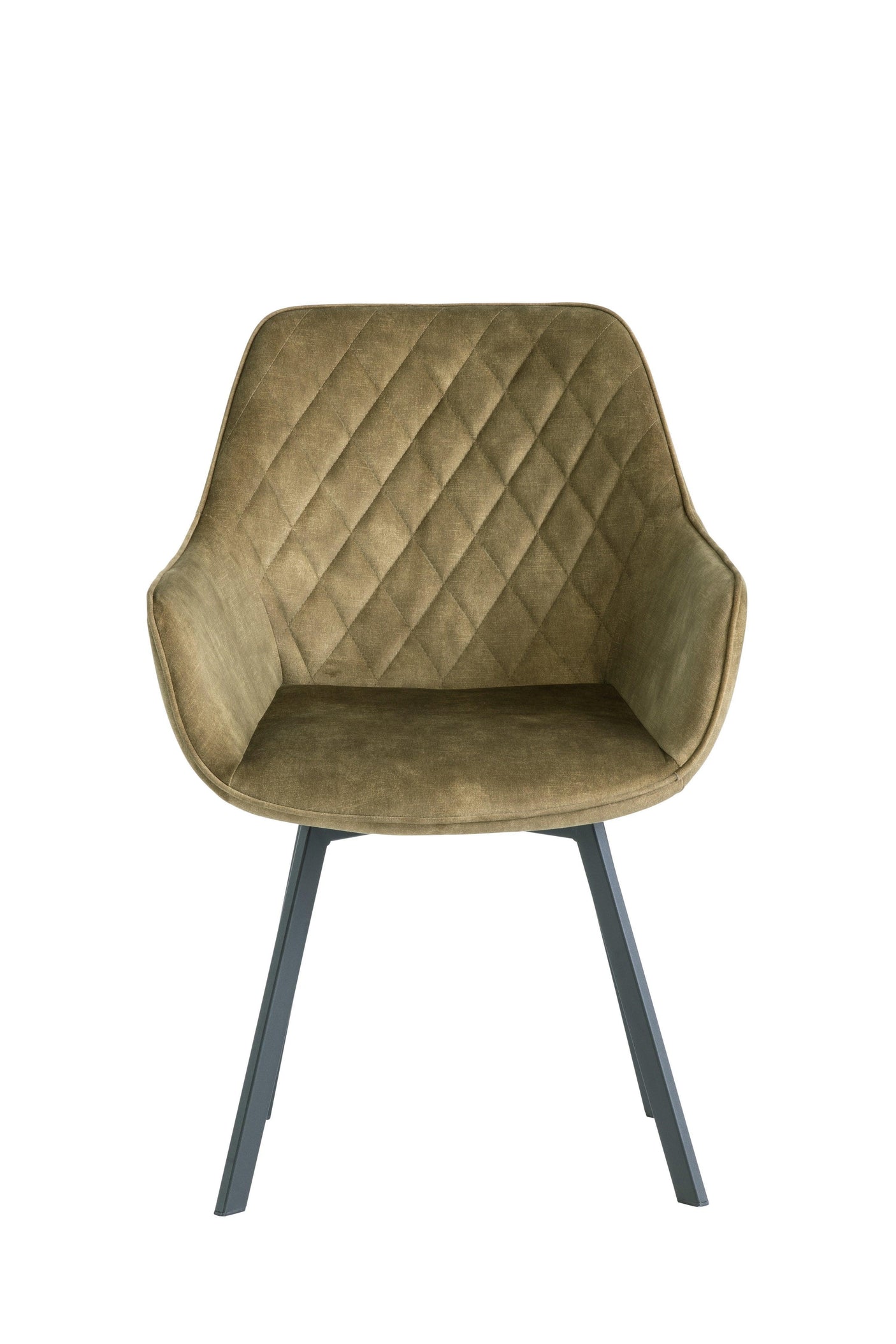 Olive green dining chair with diamond stitched velvet upholstery and black metal legs, front view