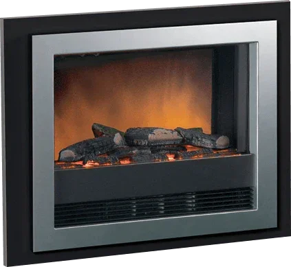 wall mounted electric fire with black and silver frame and realistic glowing log effect