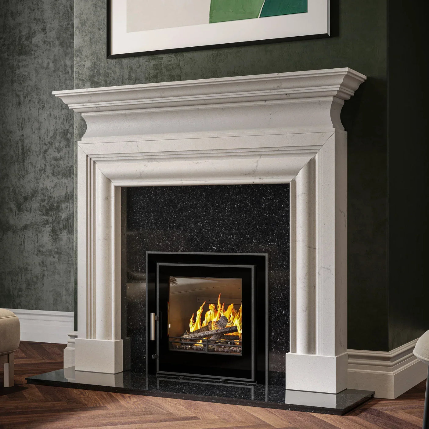 Modern stone fireplace with black granite hearth and inset fire burning in living room