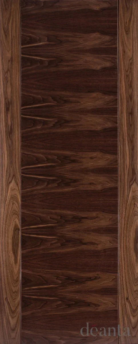 Walnut interior door with a rich wood grain finish and rectangular panel design