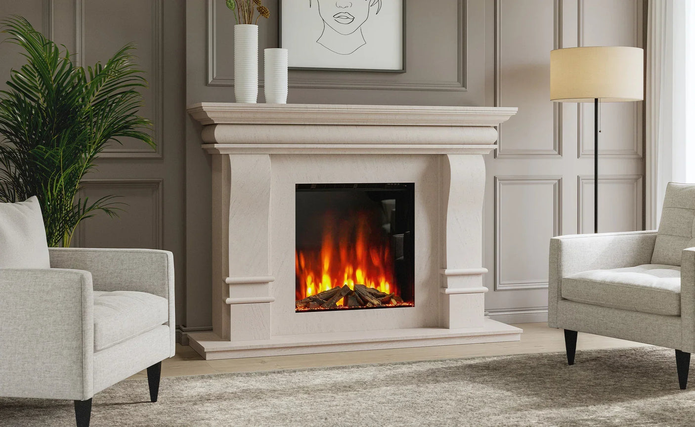 Modern beige fireplace suite with electric fire in a neutral living room setting