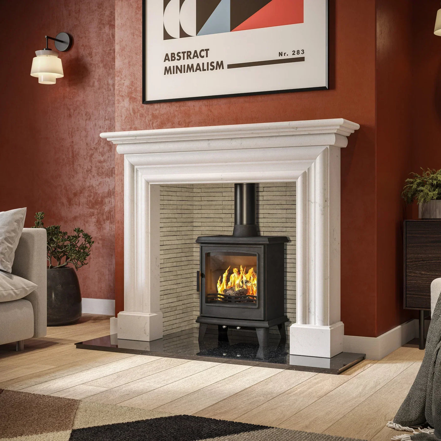 Black wood burning stove with glass door in marble fireplace, modern living room setting