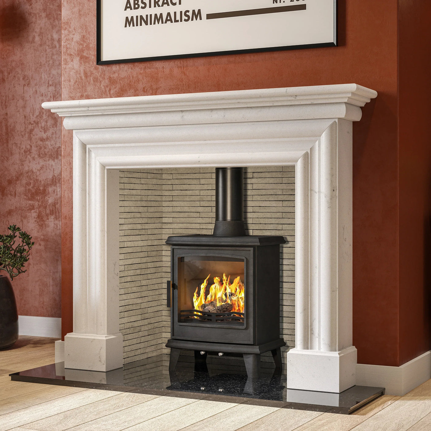 Black wood-burning stove with glass door set in white stone fireplace on black hearth