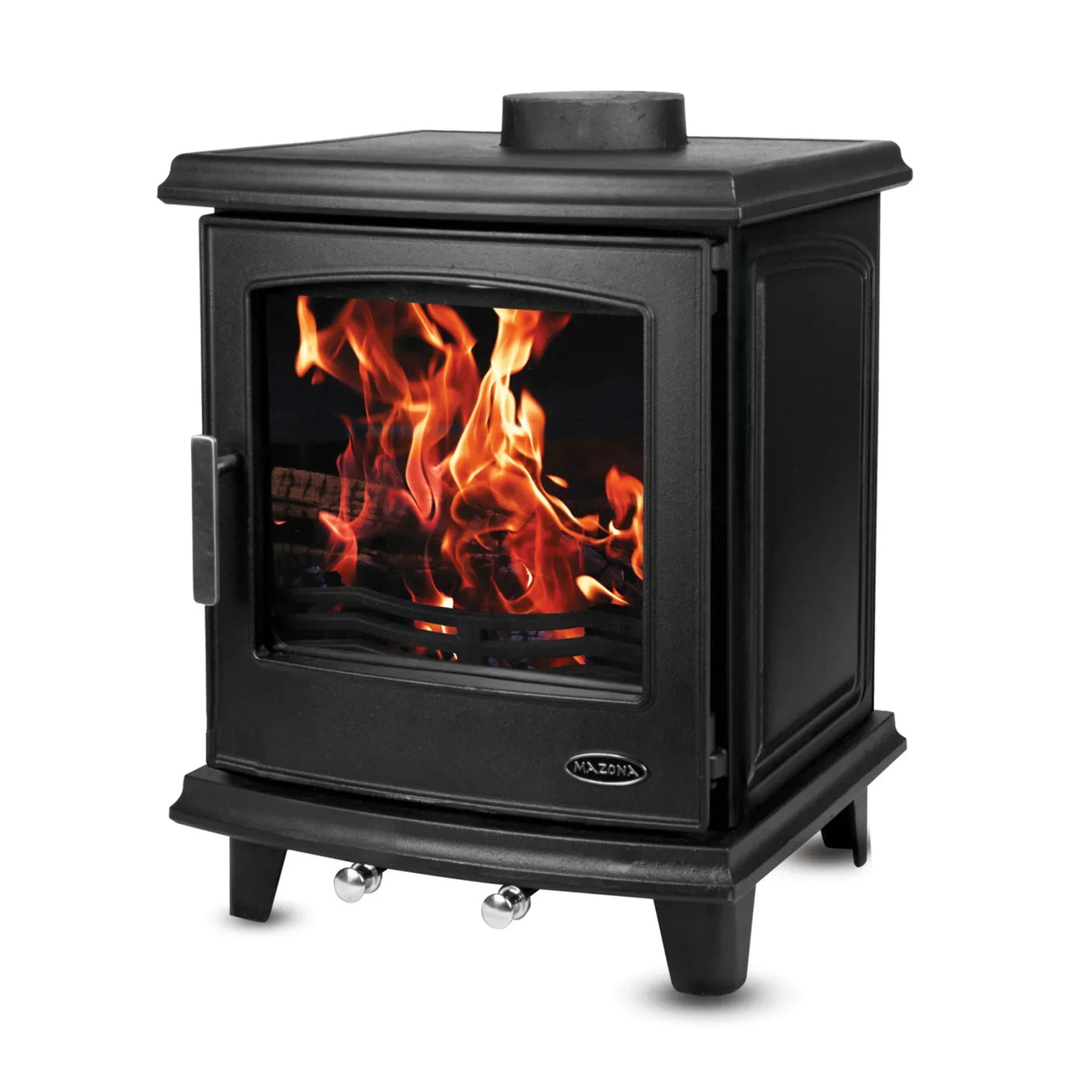 Black cast iron wood burning stove with glass door and visible flames