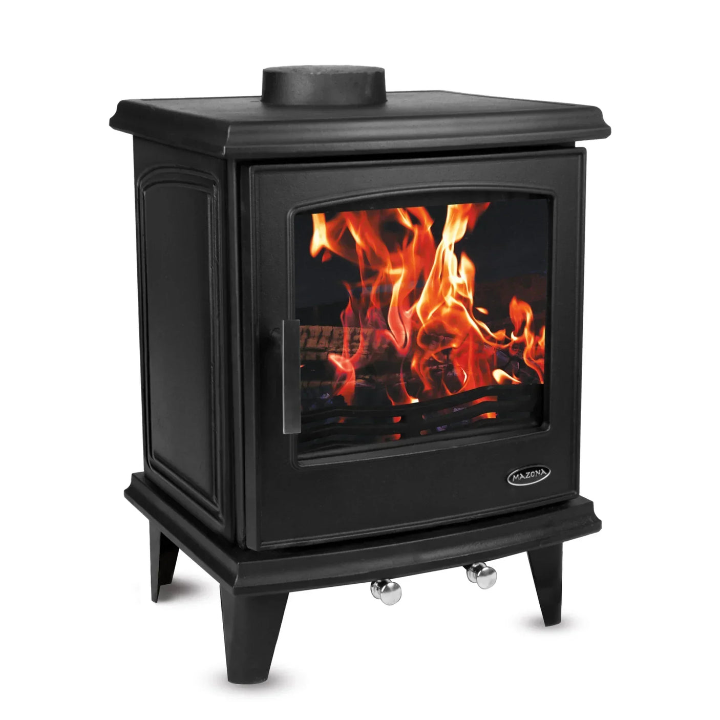 Black cast iron wood burning stove with front glass panel showing flames