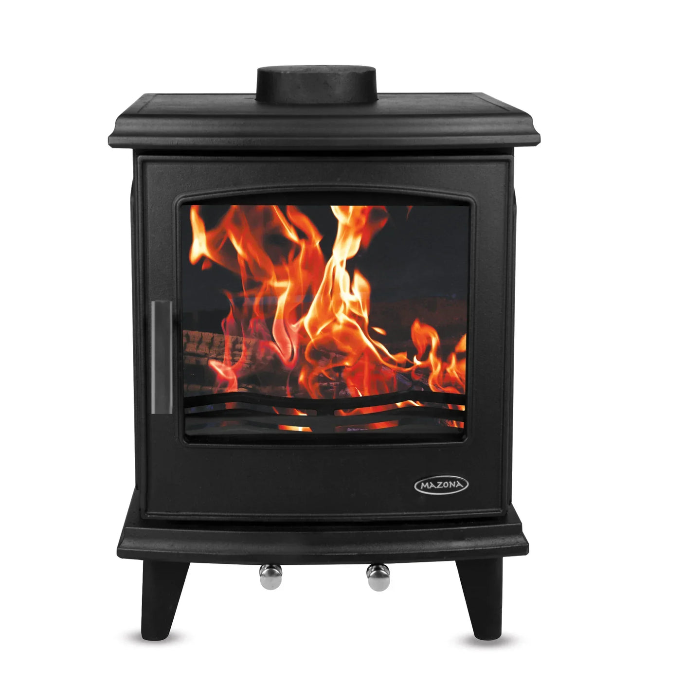 Black cast iron wood burning stove with visible flames and front glass door