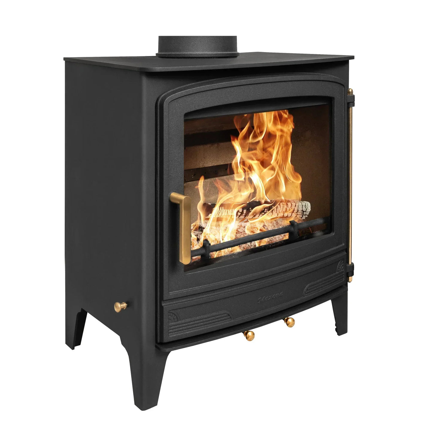 Black wood burning stove with visible flames and brass handle, angled front view