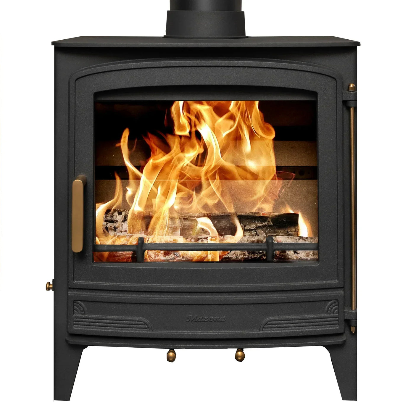 Black wood burning stove with large glass window showing flames and burning logs
