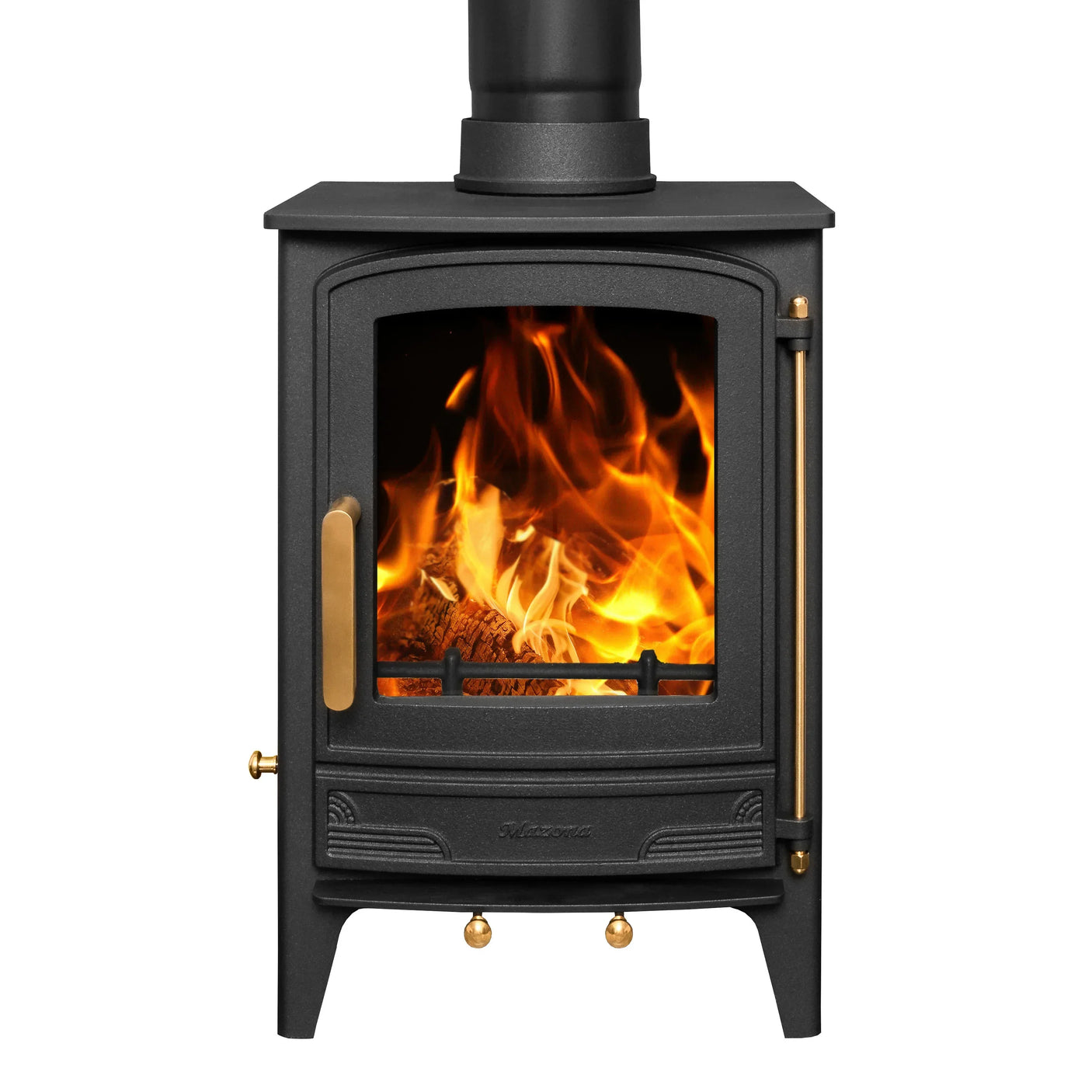Black wood burning stove with brass handle and visible flames inside