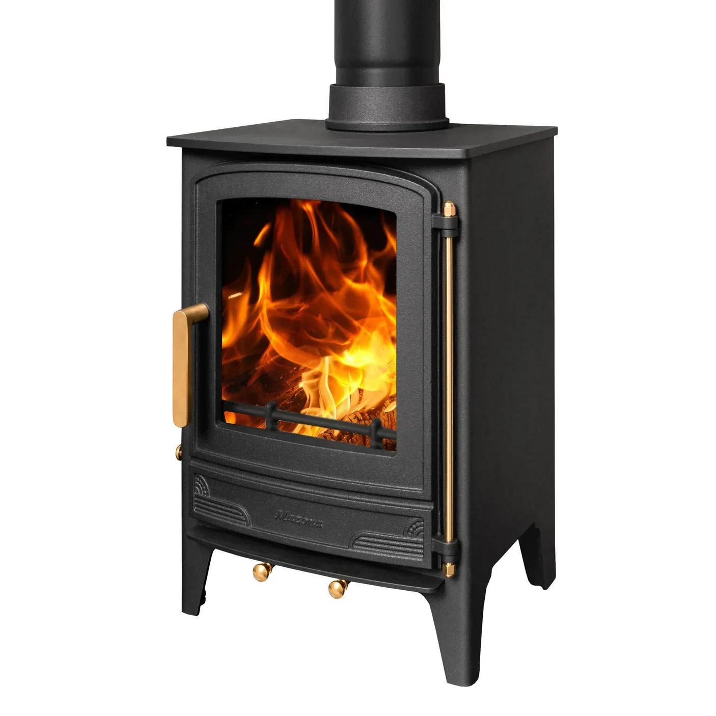 Black cast iron wood burning stove with glass door showing flames, brass handle and accents