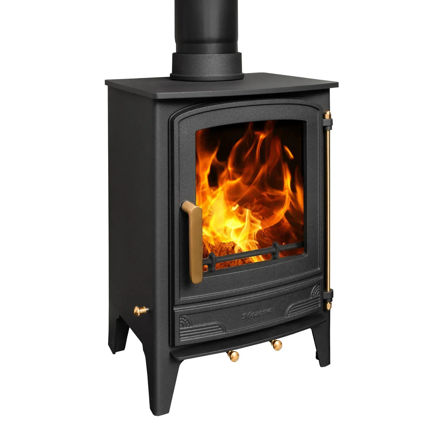 Black wood burning stove with glass door showing flames, brass handle and control knobs