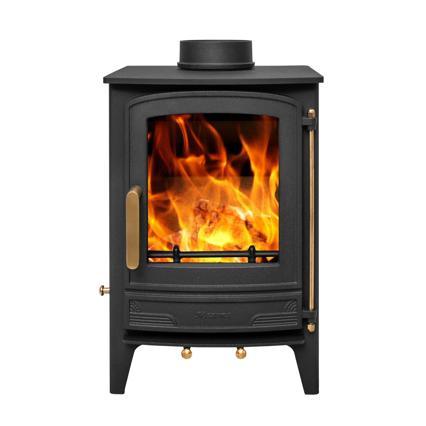 Black cast iron wood burning stove with brass handle and visible flames behind glass door
